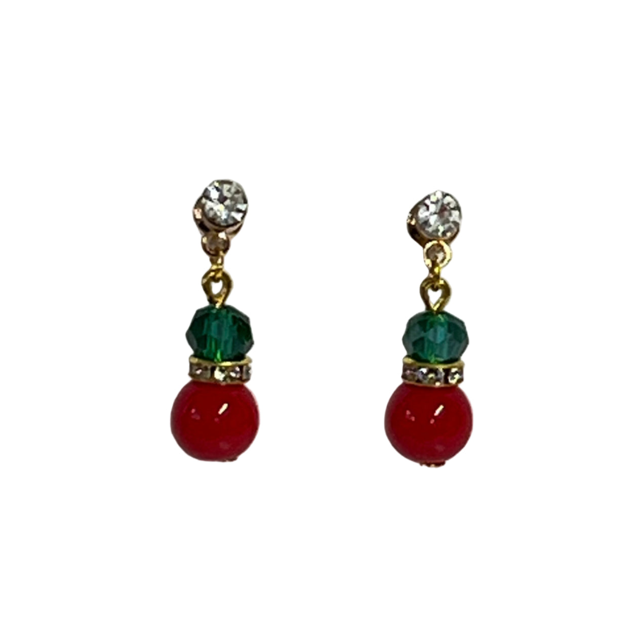 Christmas Earrings with red, green and gold beads stainless steel rhinestone posts.