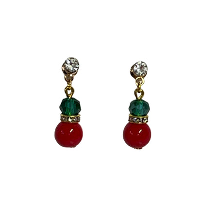 Christmas Earrings with red, green and gold beads stainless steel rhinestone posts.