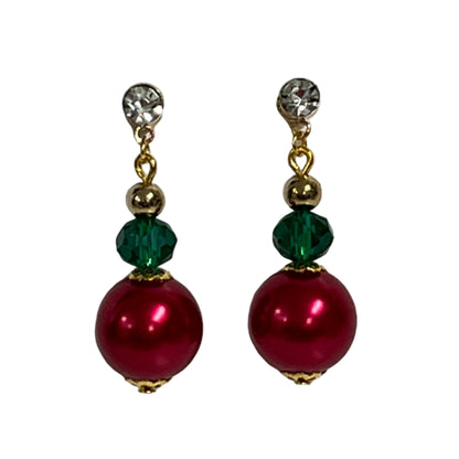 Christmas Earrings with red, green and gold beads stainless steel rhinestone posts gold.