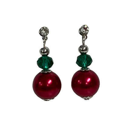 Christmas Earrings with red, green and silver beads stainless steel rhinestone posts.