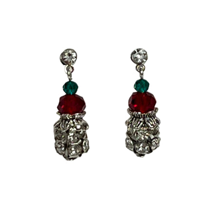 Christmas Earrings with red, green and silver beads stainless steel rhinestone posts.