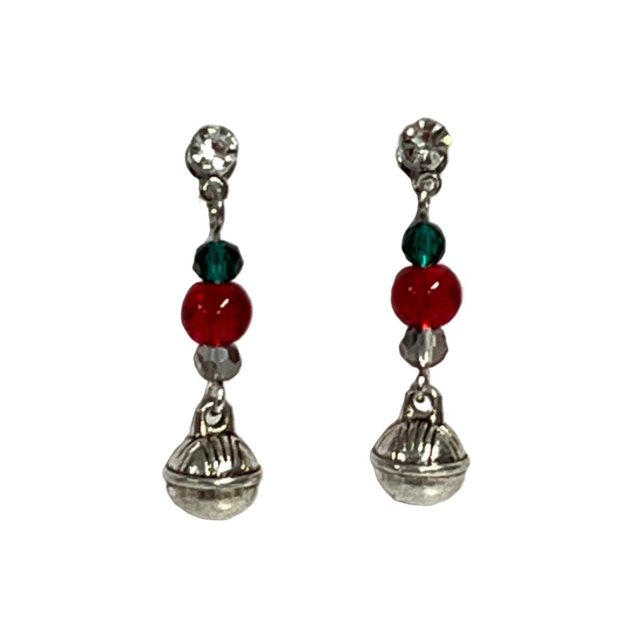 Christmas Earrings with red, green and silver beads with bell, stainless steel rhinestone posts.