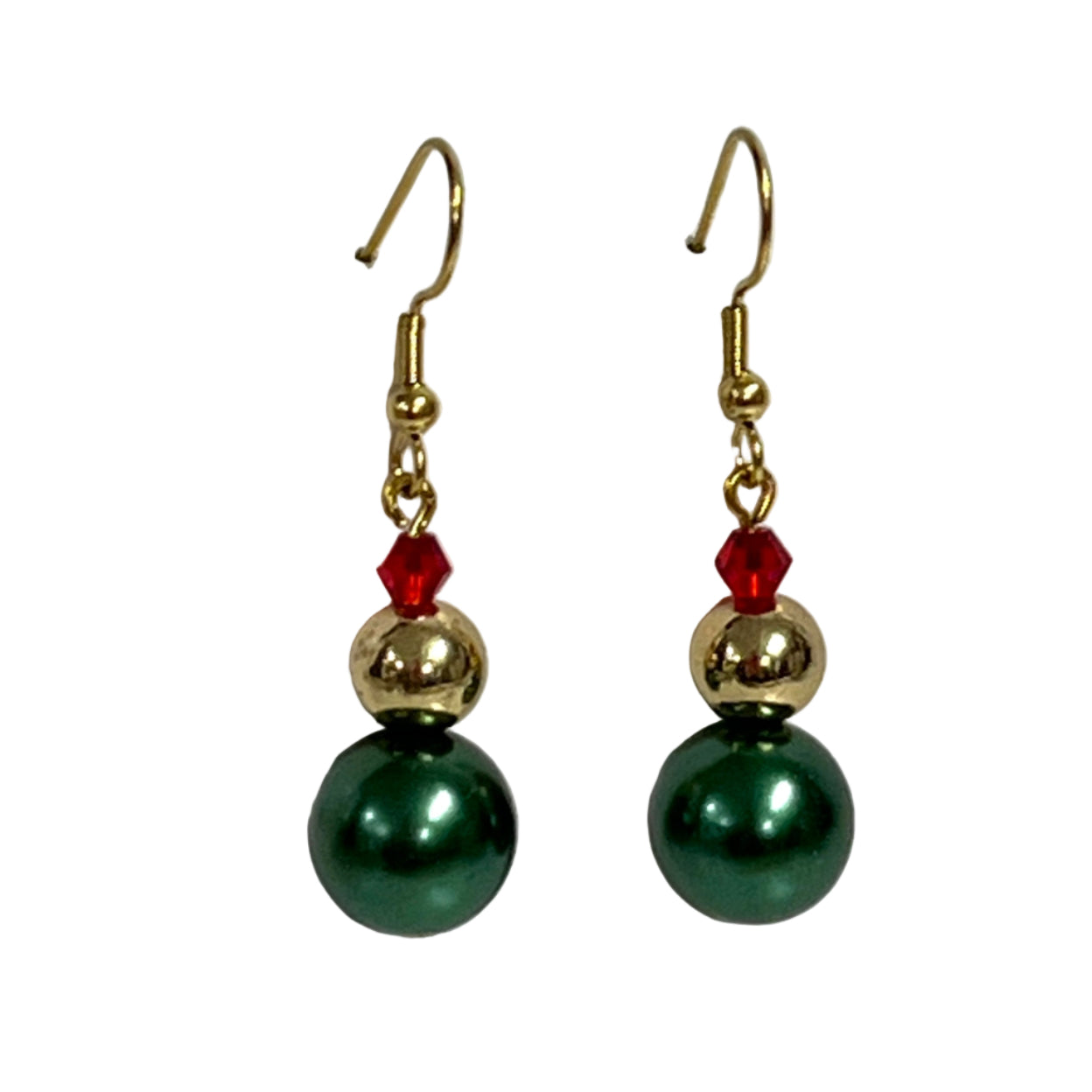 Christmas Earrings with red, green and gold beads stainless steel gold hooks.