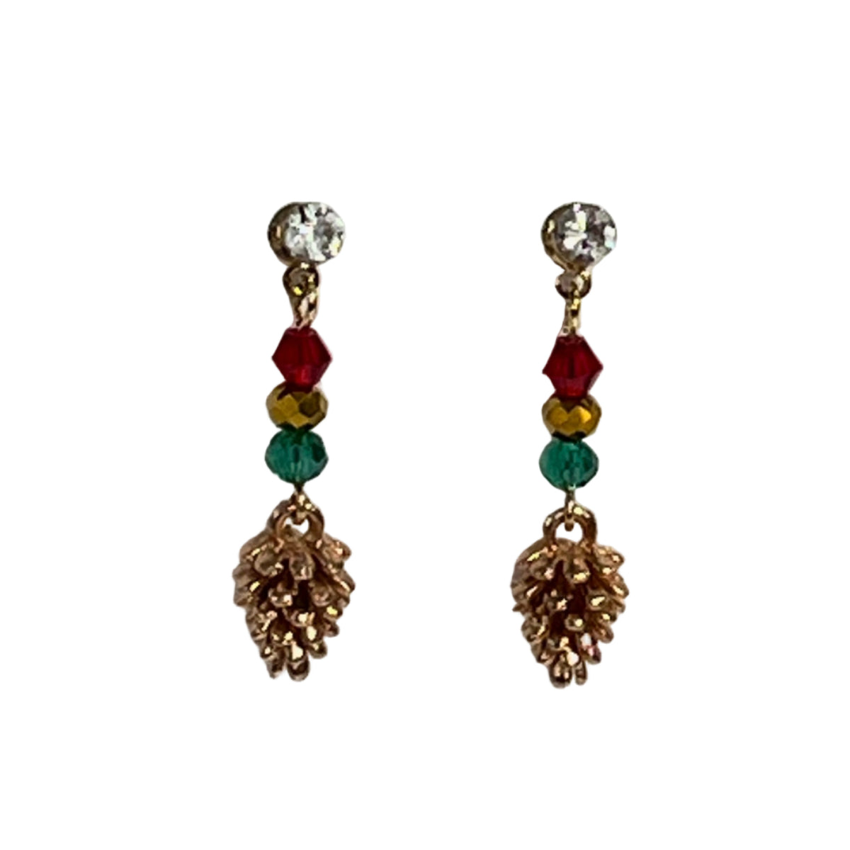 Christmas Earrings with red, green and gold beads pinecone, stainless steel rhinestone posts.