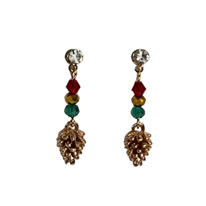 Christmas Earrings with red, green and gold beads pinecone, stainless steel rhinestone posts.
