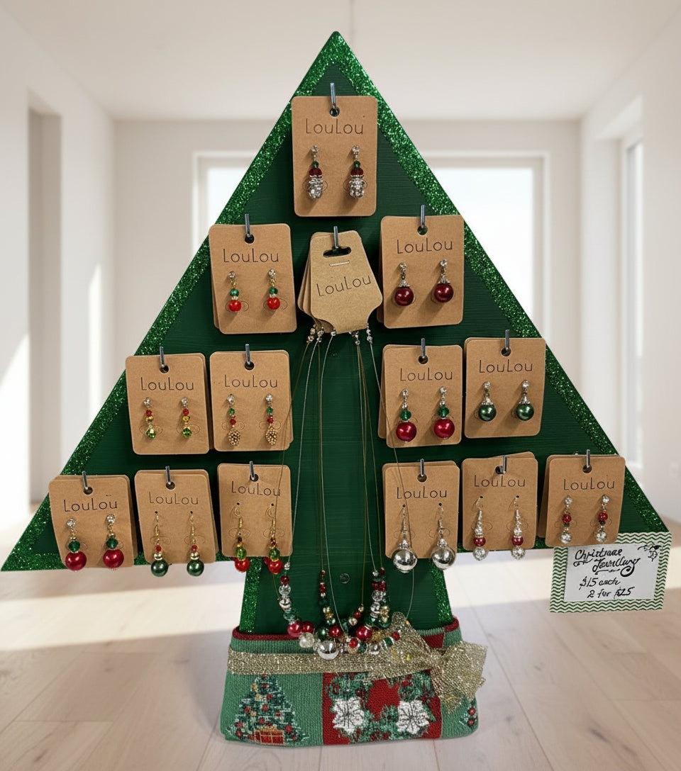 LouLou Christmas earring and necklace green glitter tree display