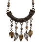 Decorative Bronze and Taupe necklace with intricate design and hanging beads on a white background