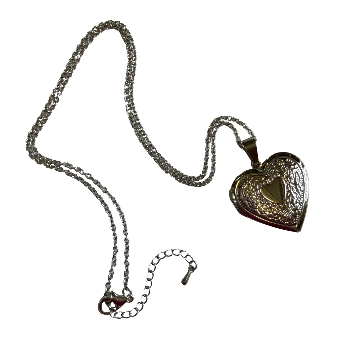 Heart-shaped silver locket with chain 
