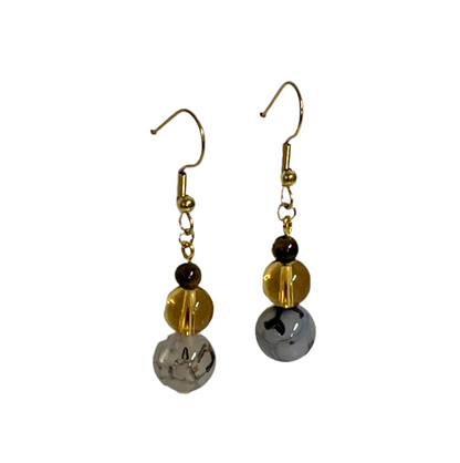 Rose Taupe Stone & Glass with Bronze Cat’s Eye Bead Earrings
