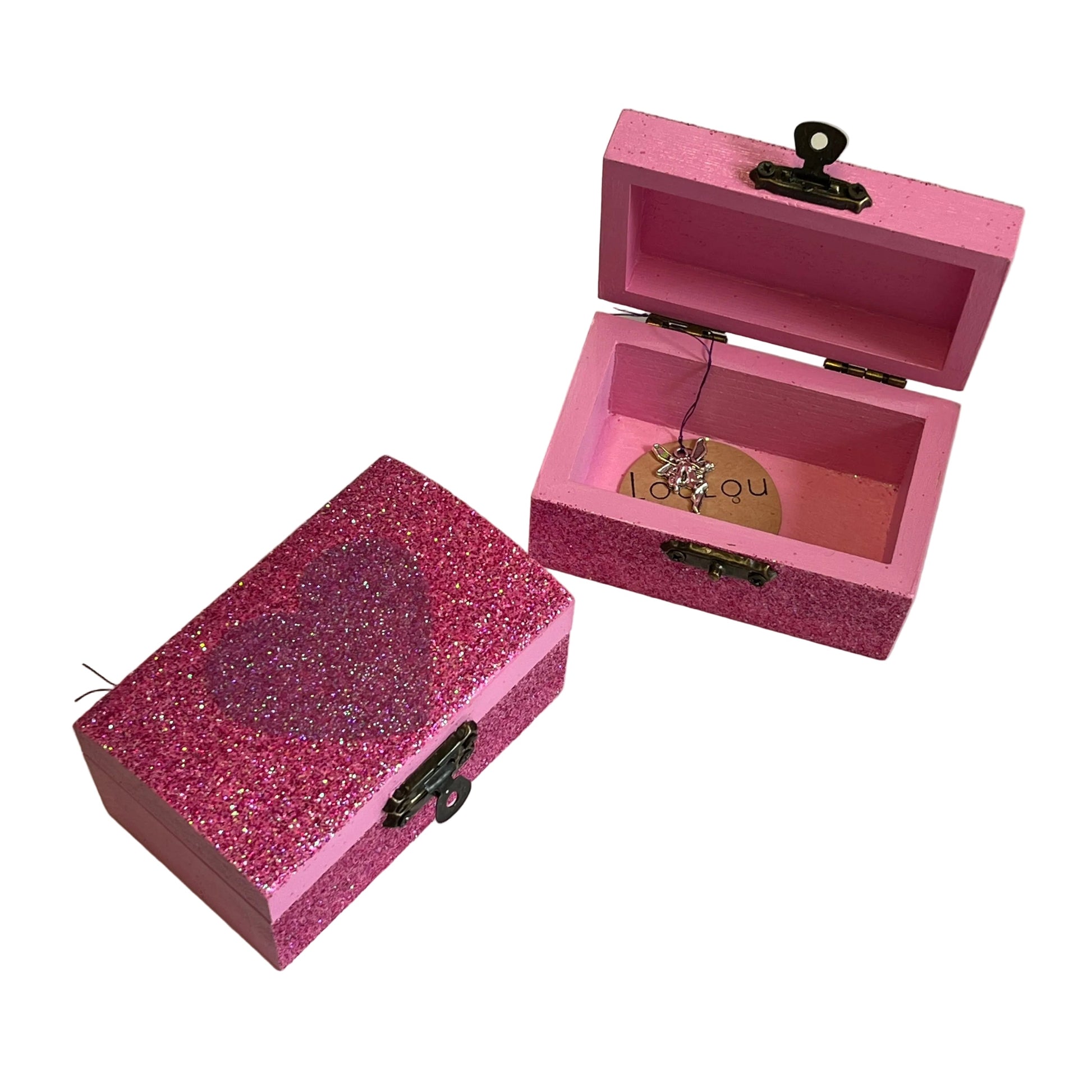 Pink glittery jewelry box on a white background