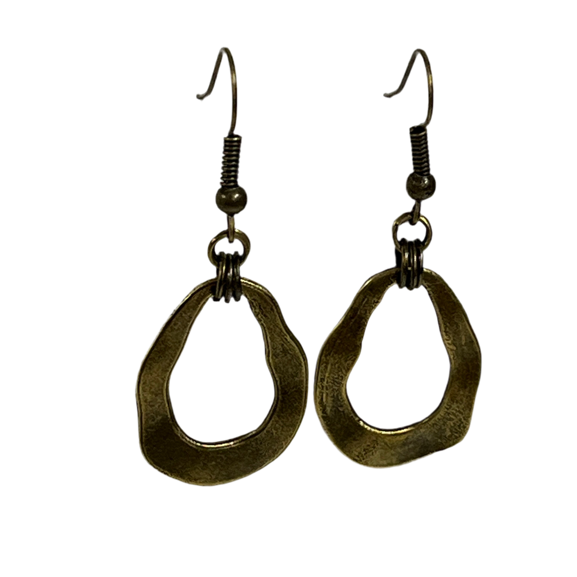 Pair of bronze abstract hoop earrings on a white background