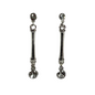 Pair of silver earrings with dangling rhinestones on a white background