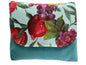 Floral fruit print canvas handbag with teal polyester velour base, handmade in New Zealand by LouLou